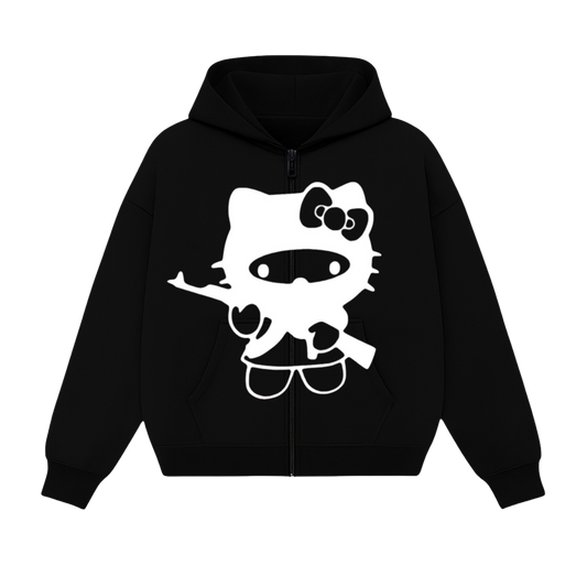 Gangster Kitty - Black Zipper Hoodie