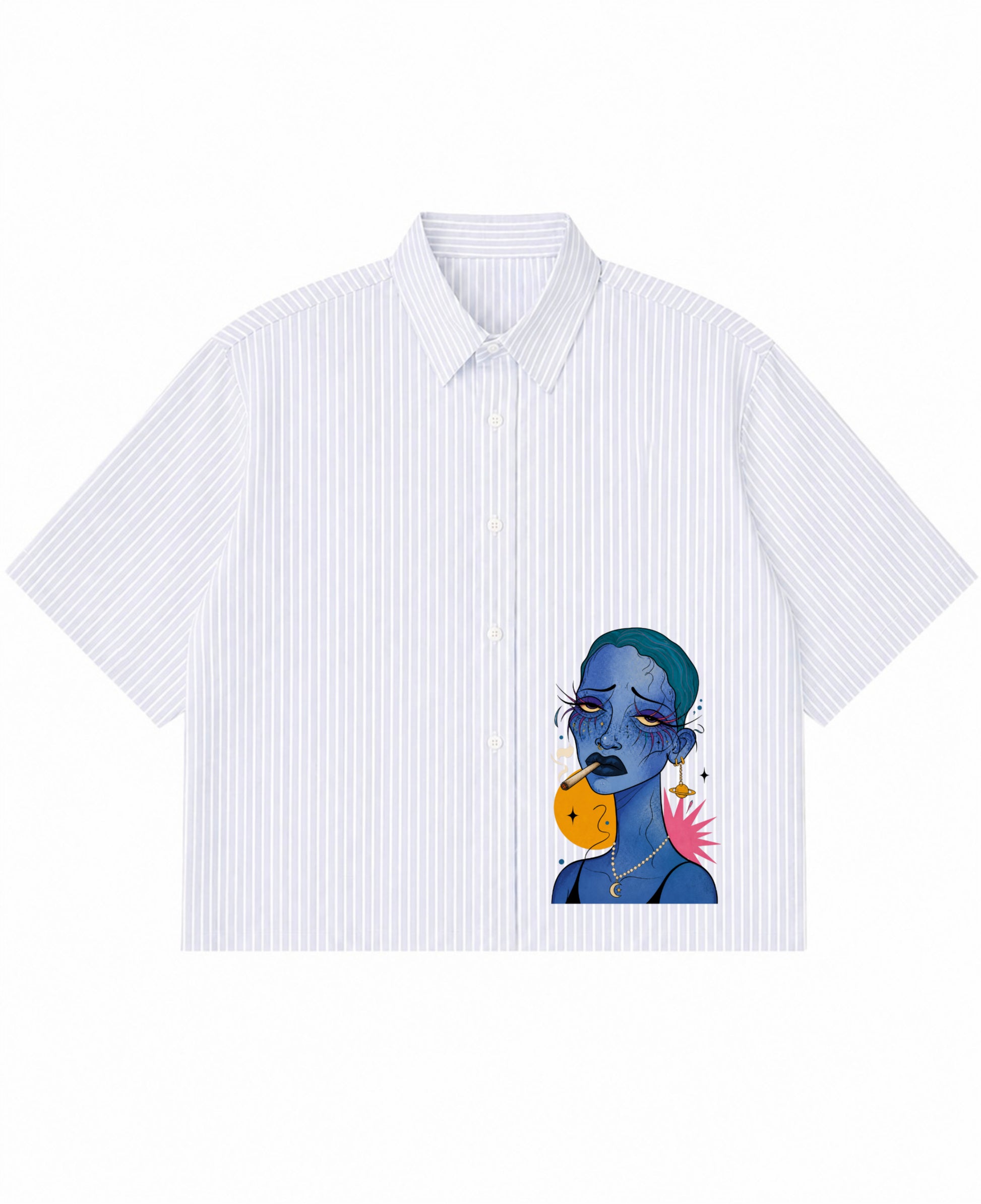 Blue Striped Oxford Boxy Shirt Front Design