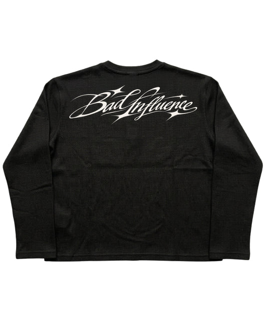 Black Henley waffle knit Back Design