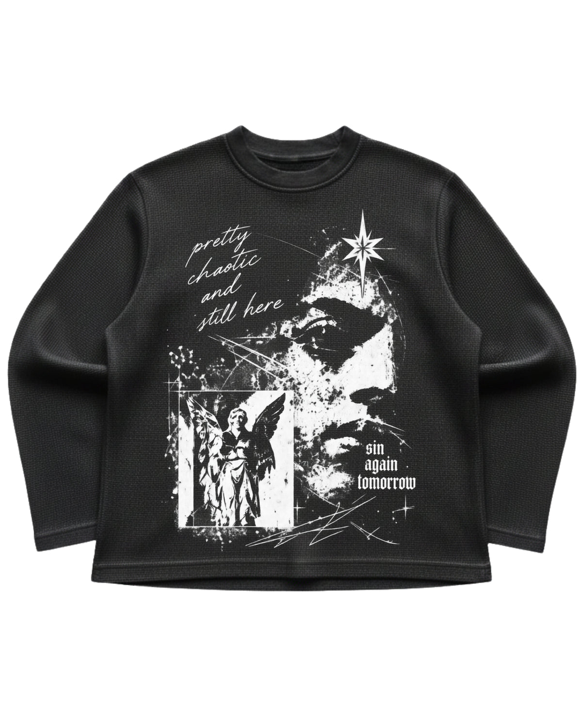 Black waffle knit oversized full-sleeve Front Design