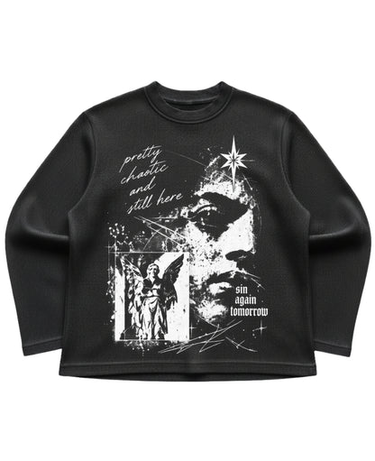 Black waffle knit oversized full-sleeve Front Design