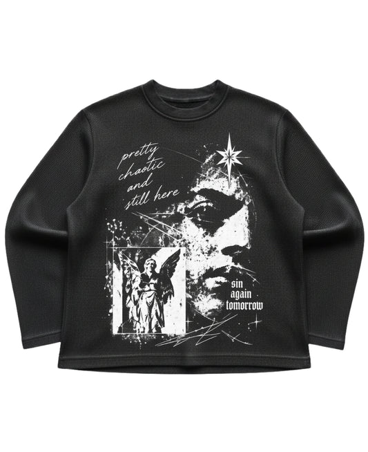 Black waffle knit oversized full-sleeve Front Design