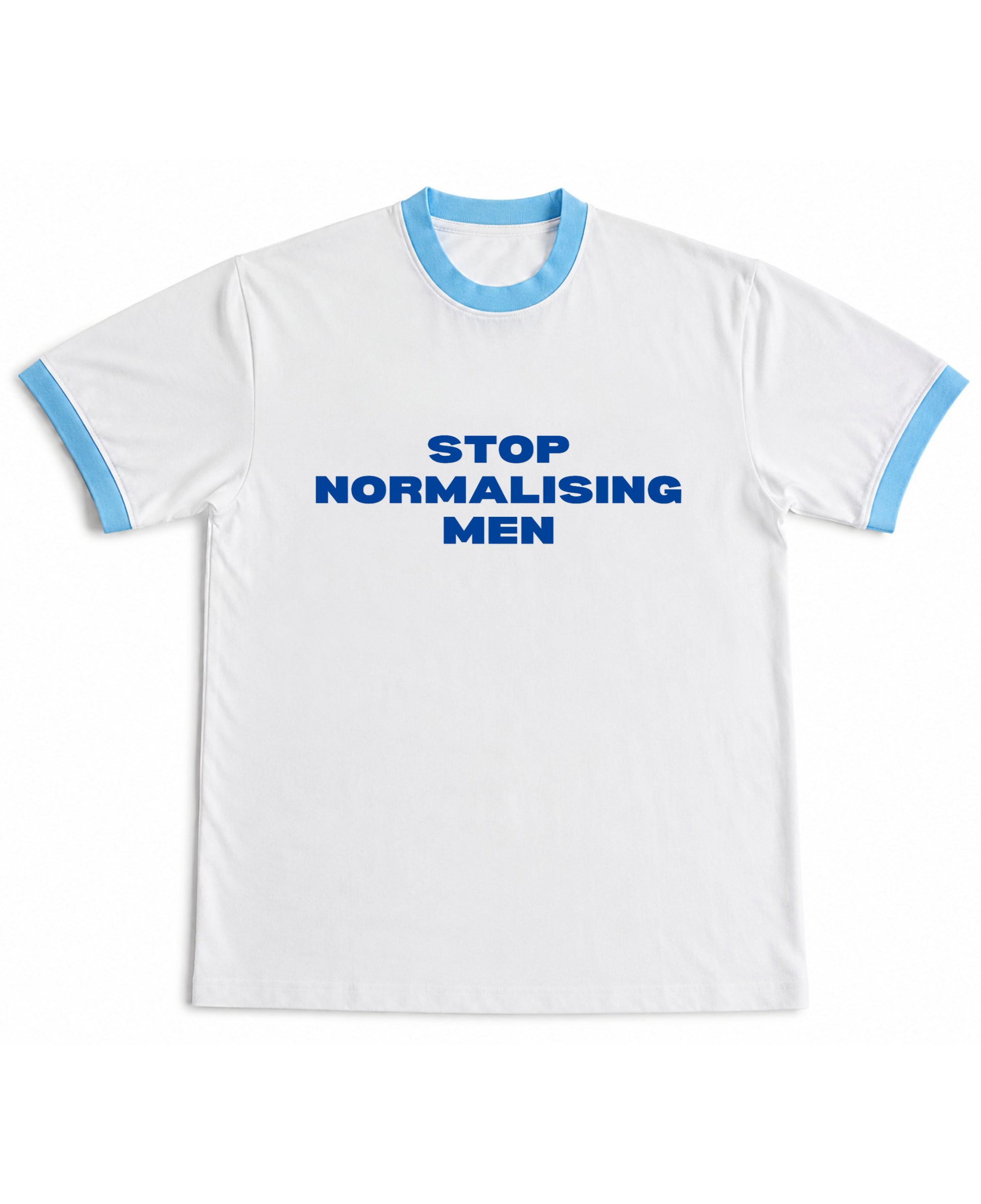 White & Sky Blue Ringer tee Front Design