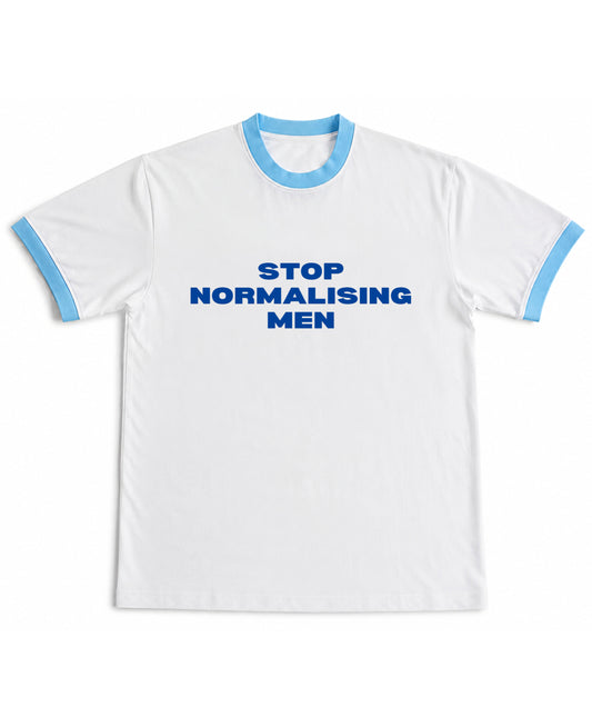 White & Sky Blue Ringer tee Front Design